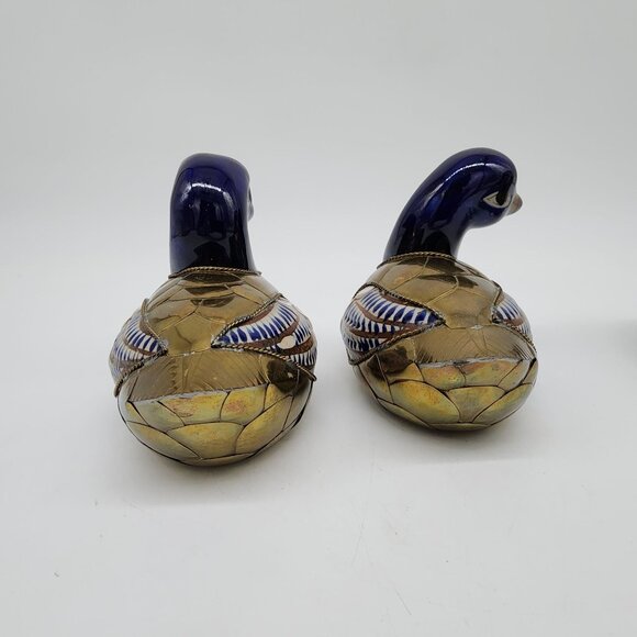Mexican Tonala Pottery & Brass Duck Figurine Set Of 3 Gold & Blue Mom Ducklings - Picture 5 of 11